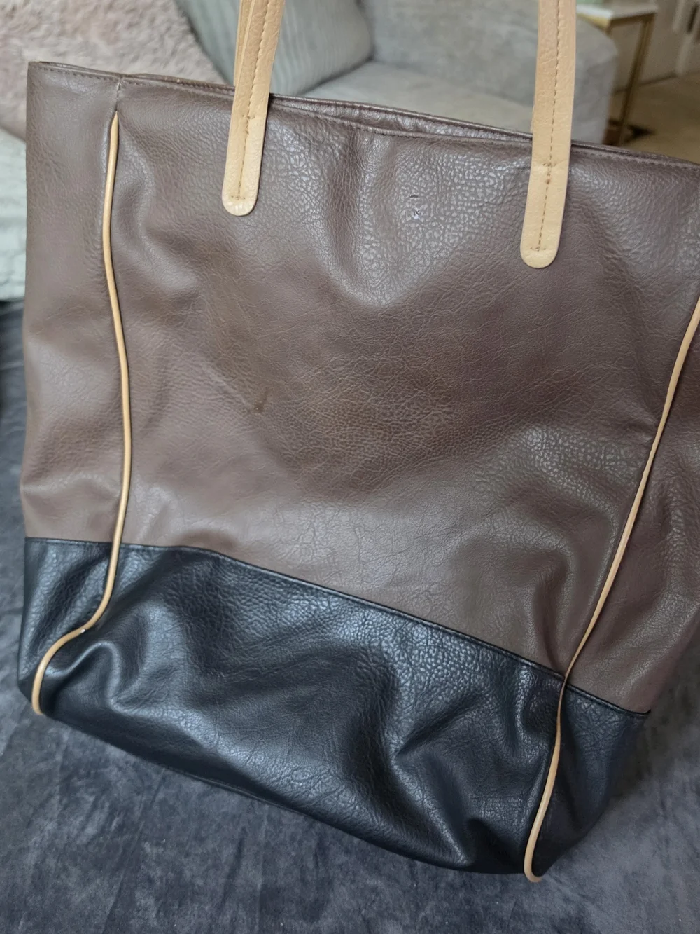 Merona Brown and Black Two-Tone Tote with Tan Trim